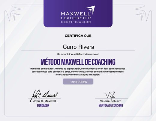 Certificado Método Maxwell de Coaching, 70 horas, junio de 2026